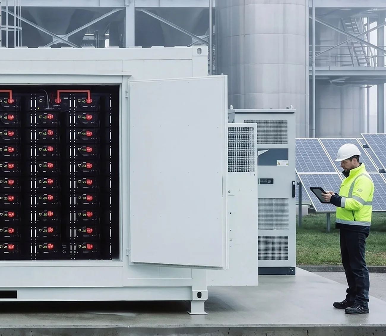 A containerized battery energy storage system with its door open, showing racks of battery modules, while a technician checks a tablet beside an inverter cabinet