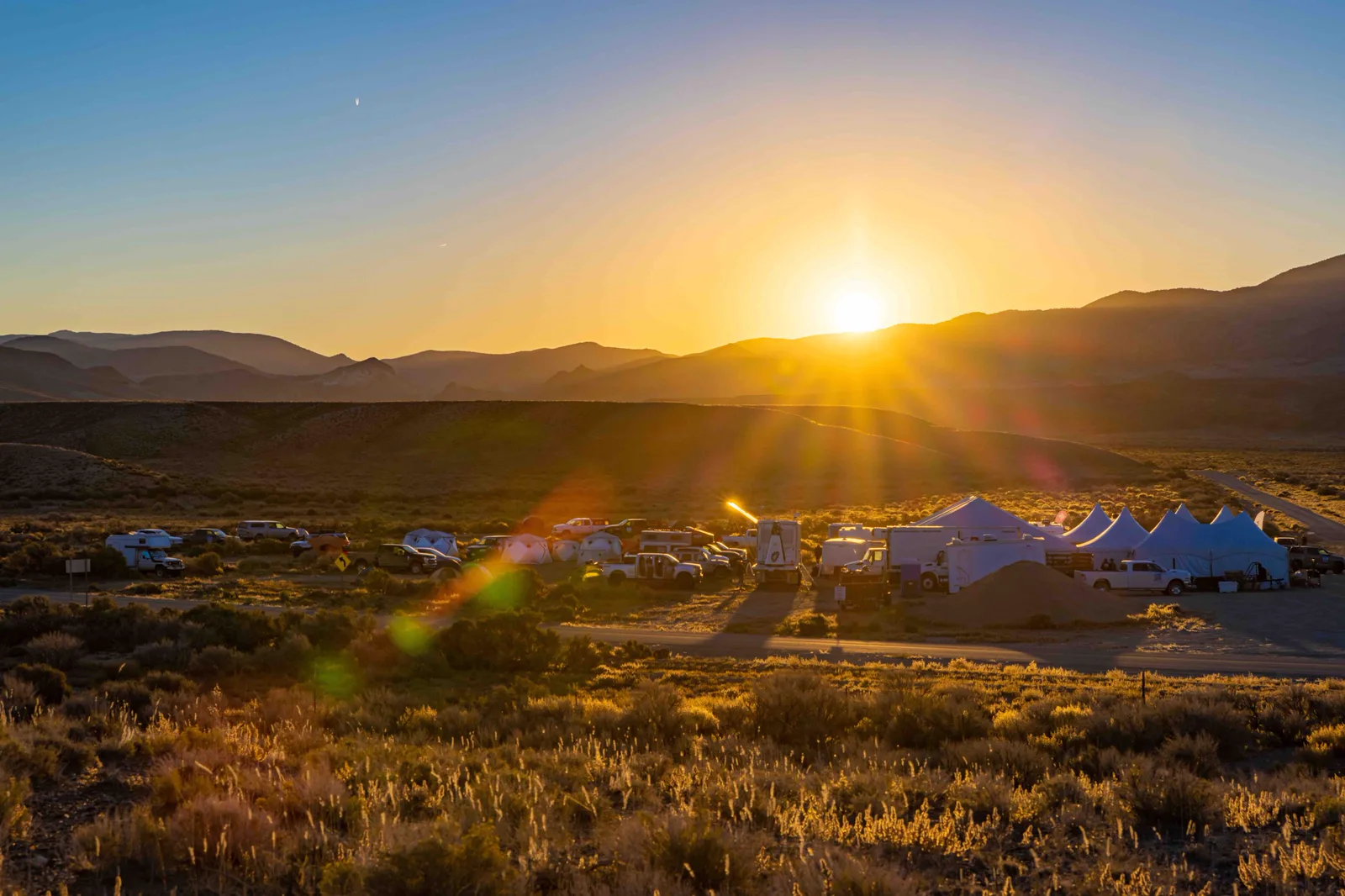 Base camp mini-city powered by renewable energy at night