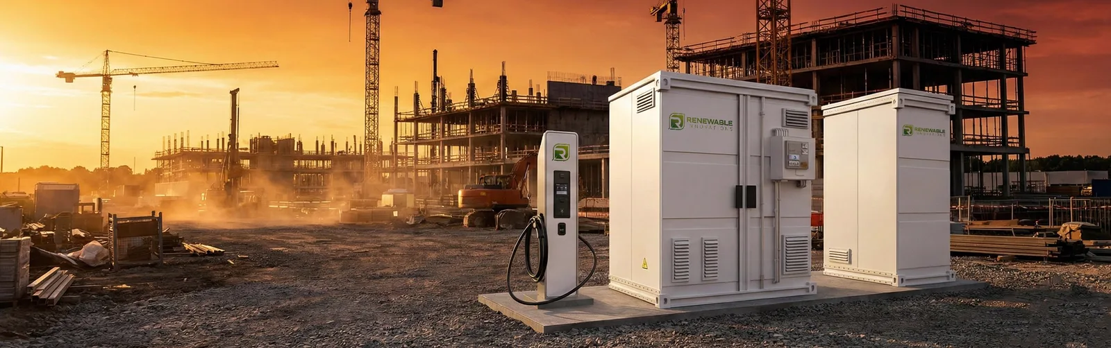 All-in-one hydrogen station at a construction site at sunrise