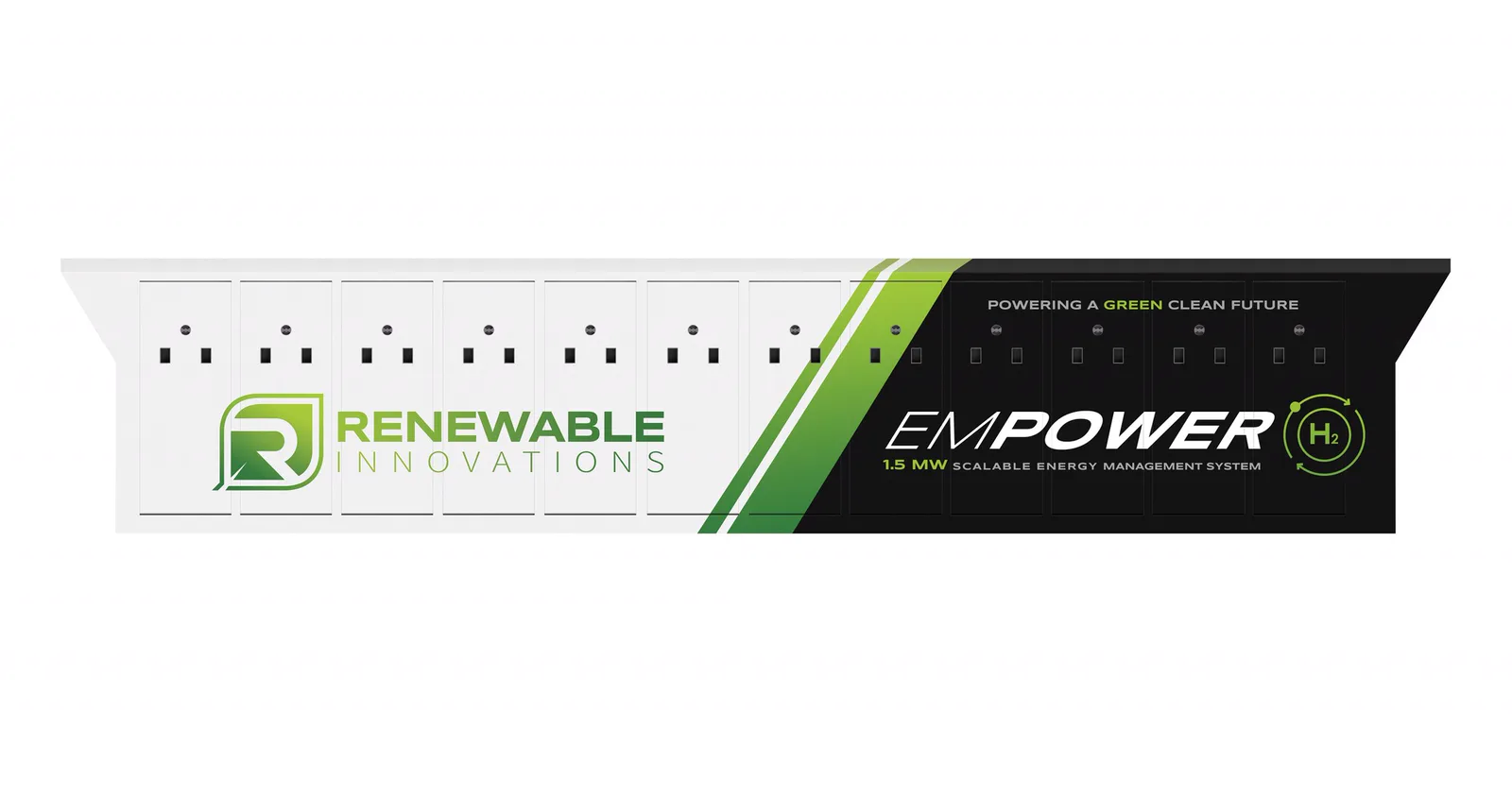 Rendering of the EmPower 1.5 MW module: a single 40-foot container with Renewable Innovations and EmPower H2 branding