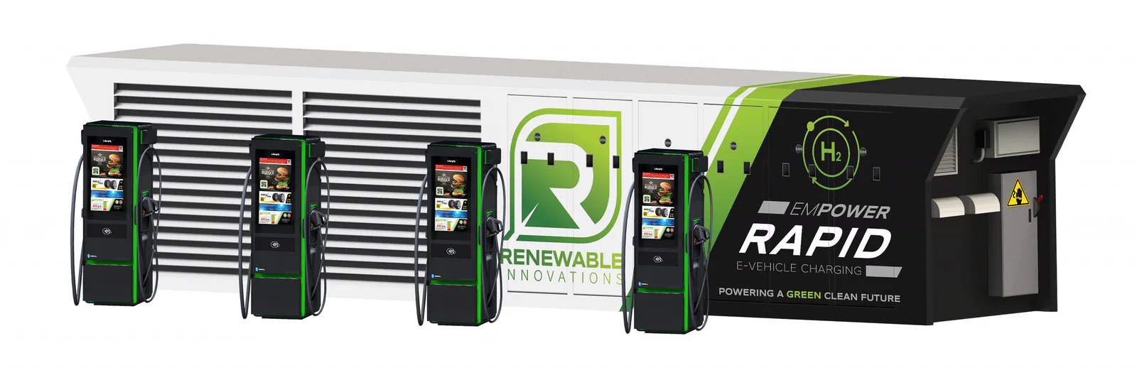 Rendering of the EmPower Rapid container with four rapid DC dispensers along its side